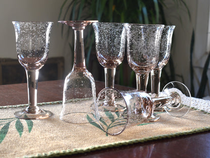 Vintage pink handblown bubble stemmed wine glasses. Set of 6