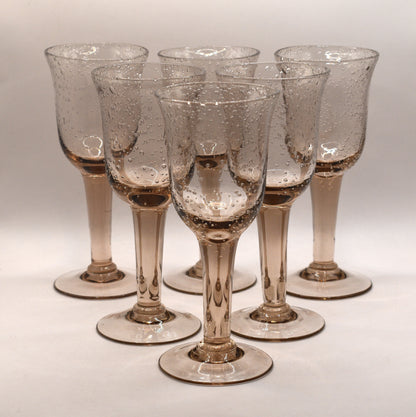Vintage pink handblown bubble stemmed wine glasses. Set of 6
