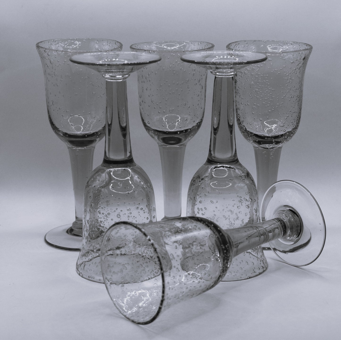 Vintage pink handblown bubble stemmed wine glasses. Set of 6