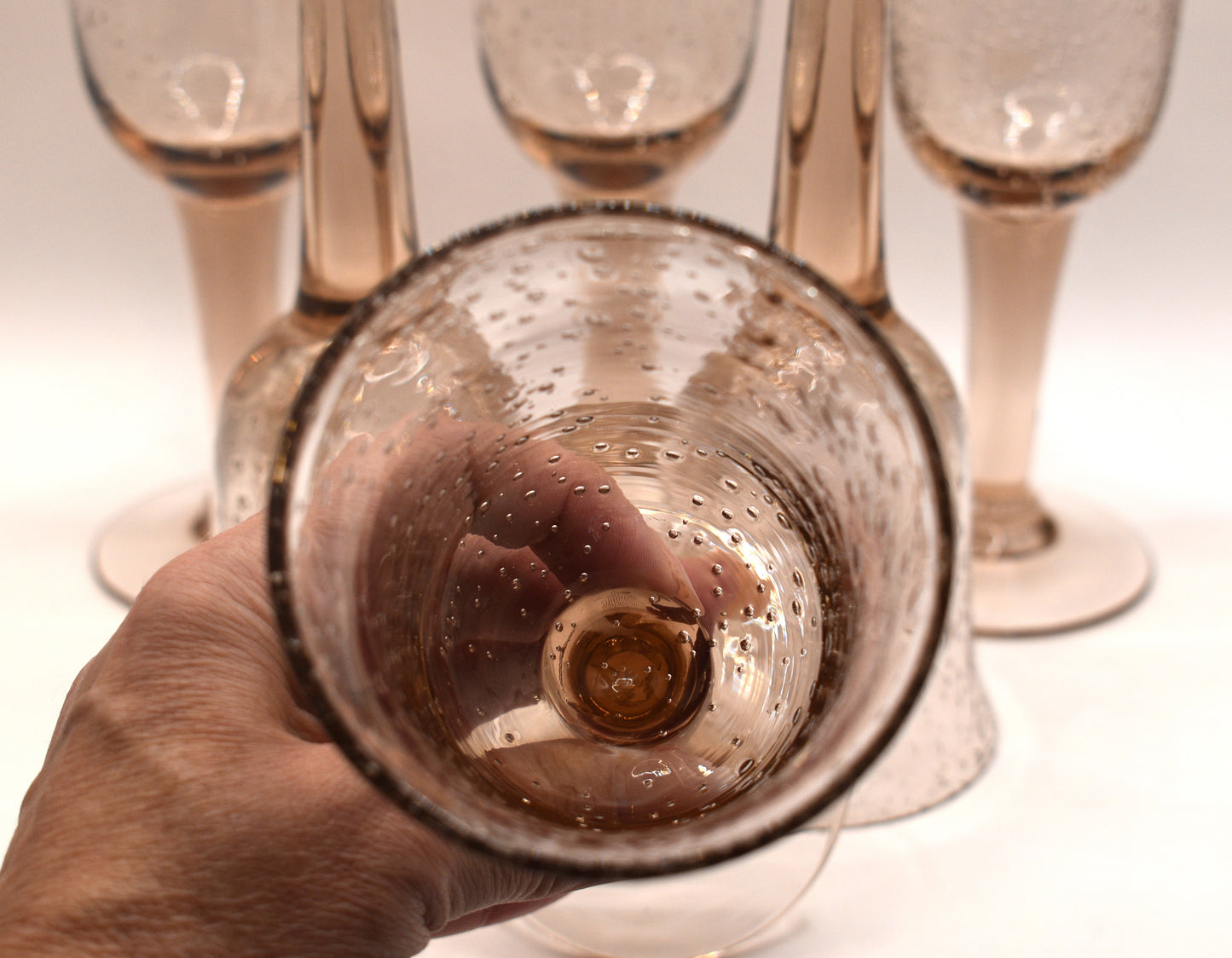 Vintage pink handblown bubble stemmed wine glasses. Set of 6