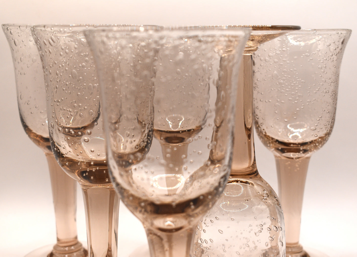 Vintage pink handblown bubble stemmed wine glasses. Set of 6