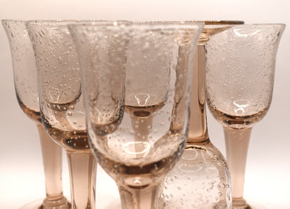 Vintage pink handblown bubble stemmed wine glasses. Set of 6
