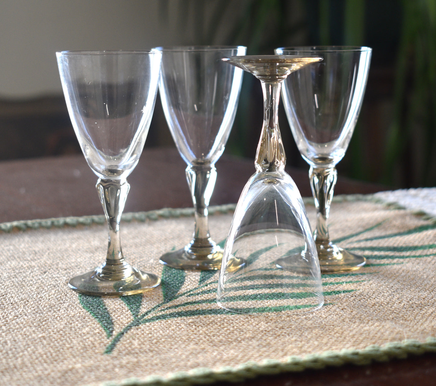 Vintage set of 4 Sherry Glasses with smokey taupe stems.