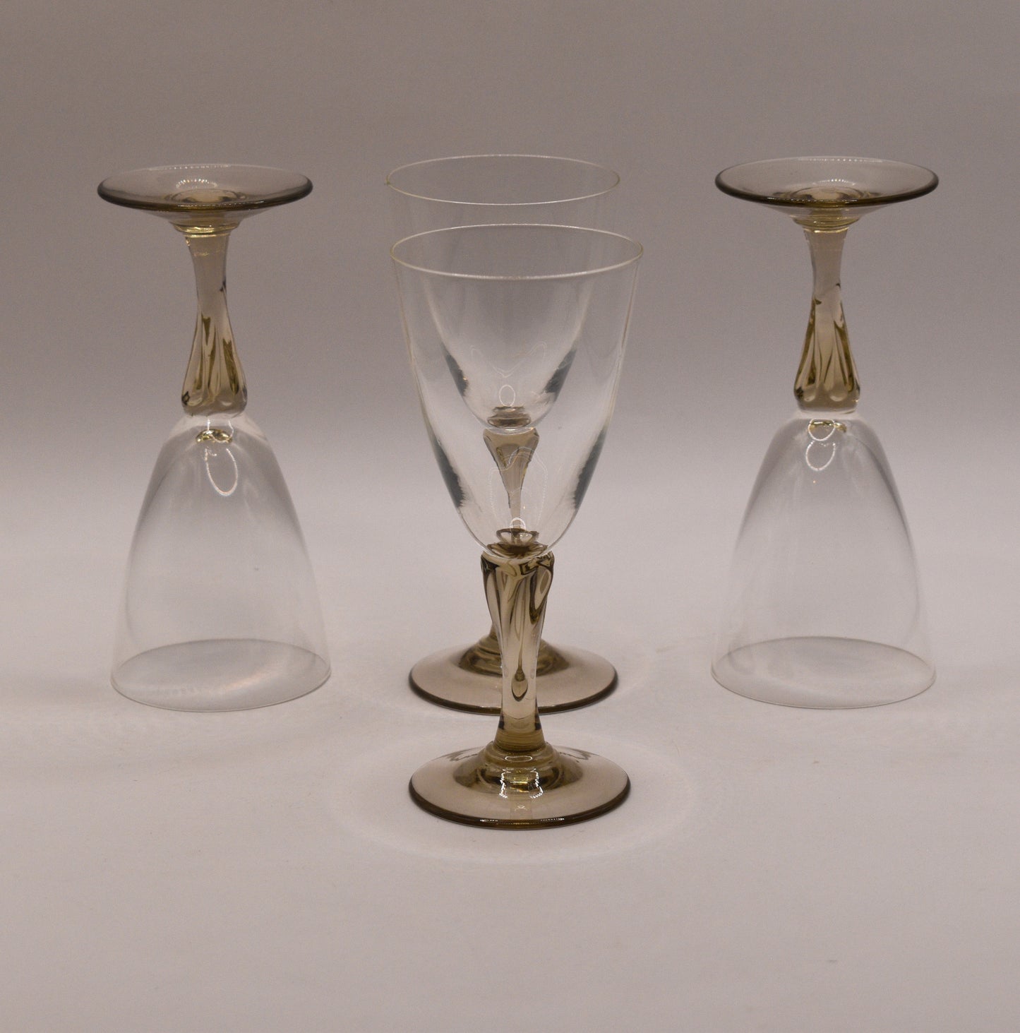 Vintage set of 4 Sherry Glasses with smokey taupe stems.