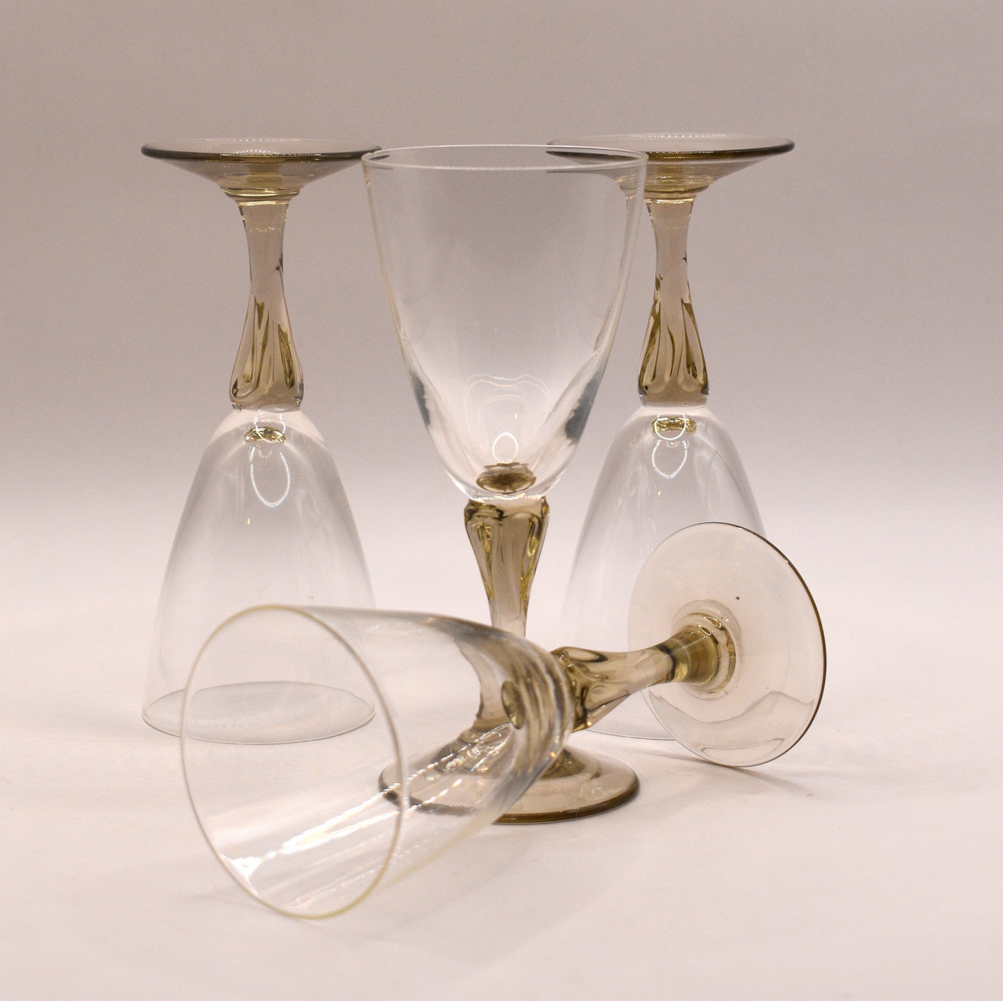 Vintage set of 4 Sherry Glasses with smokey taupe stems.