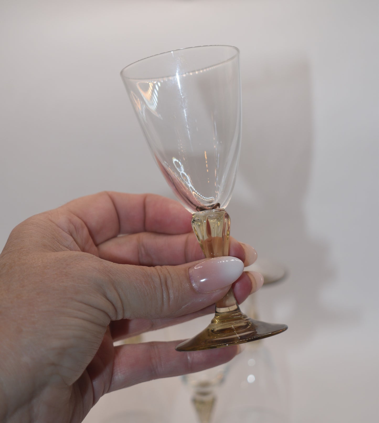 Vintage set of 4 Sherry Glasses with smokey taupe stems.