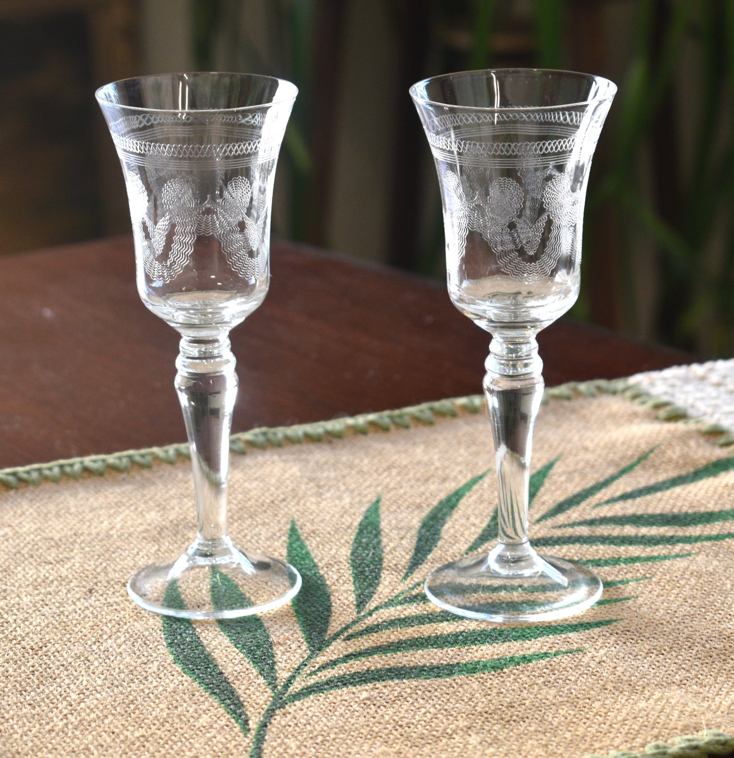 Vintage needle etched crystal Sherry/Port Glasses. Set of 2