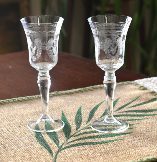 Vintage needle etched crystal Sherry/Port Glasses. Set of 2