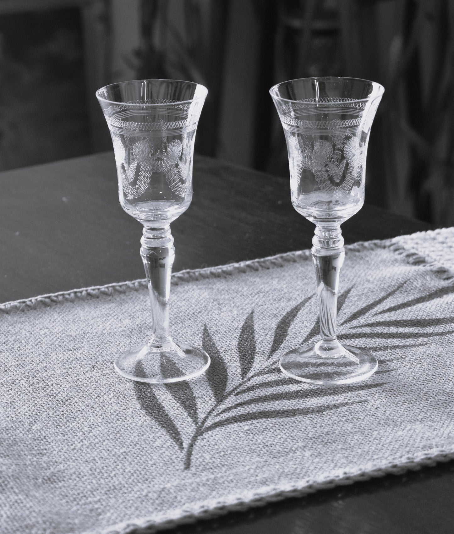Vintage needle etched crystal Sherry/Port Glasses. Set of 2