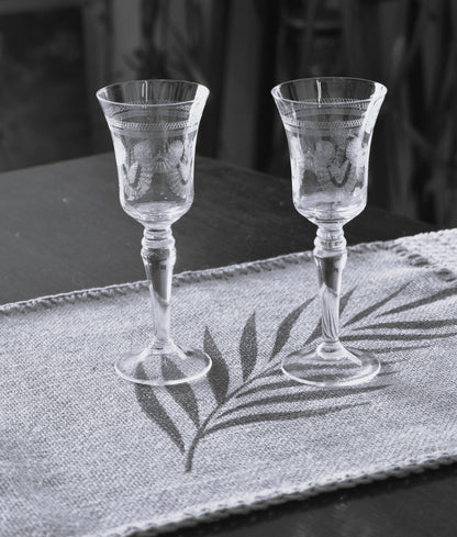 Vintage needle etched crystal Sherry/Port Glasses. Set of 2