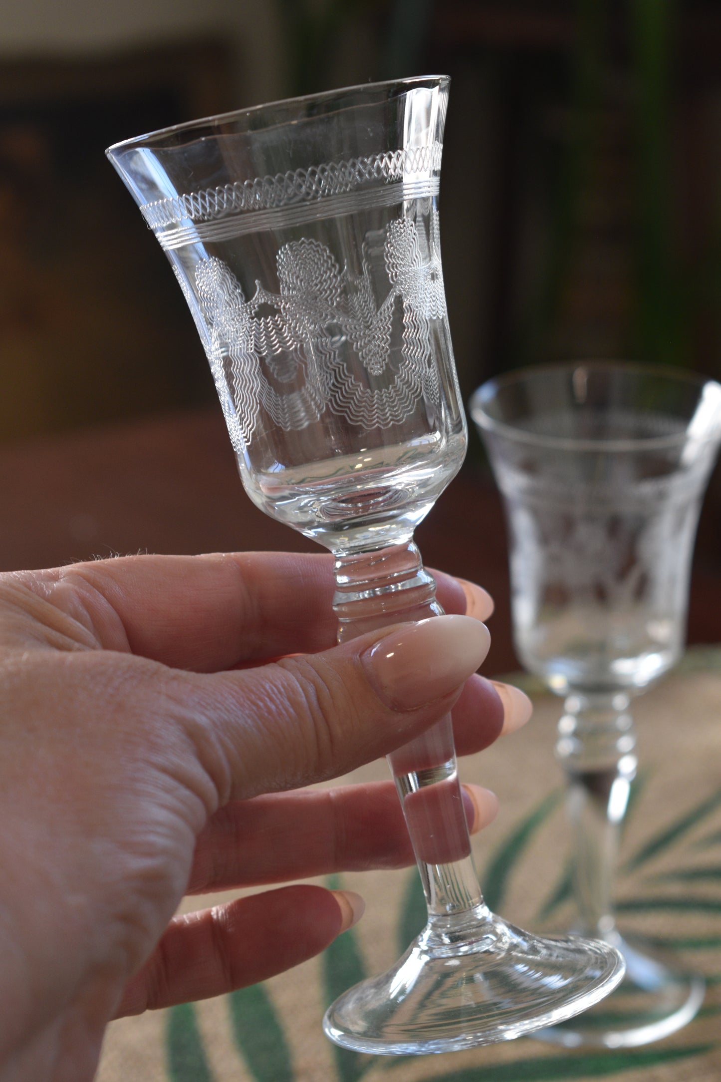 Vintage needle etched crystal Sherry/Port Glasses. Set of 2