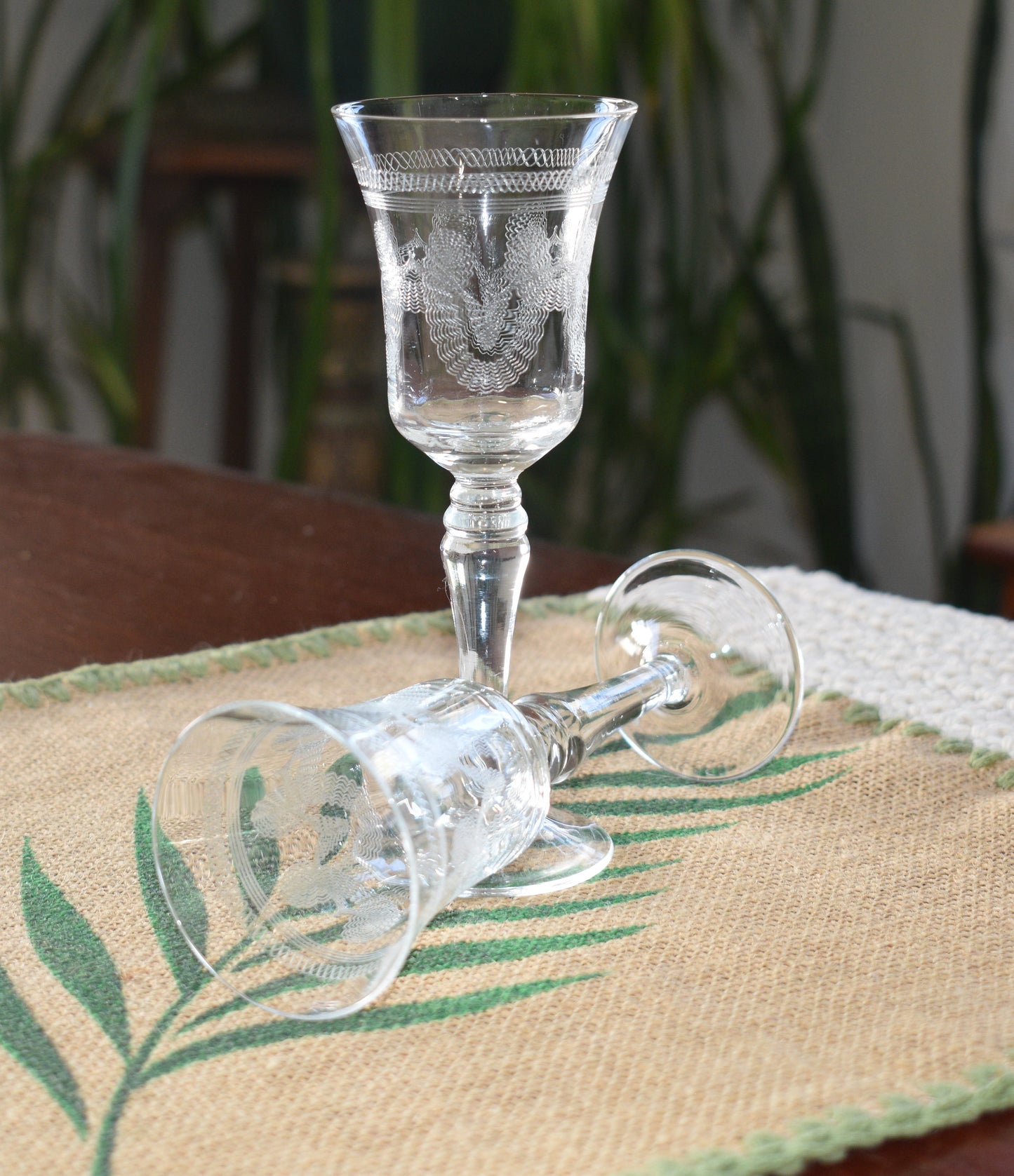 Vintage needle etched crystal Sherry/Port Glasses. Set of 2