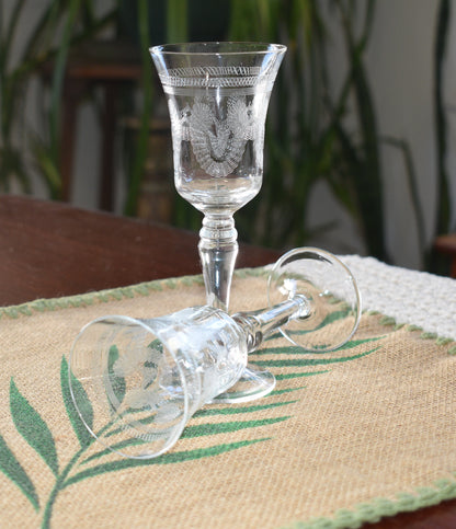 Vintage needle etched crystal Sherry/Port Glasses. Set of 2