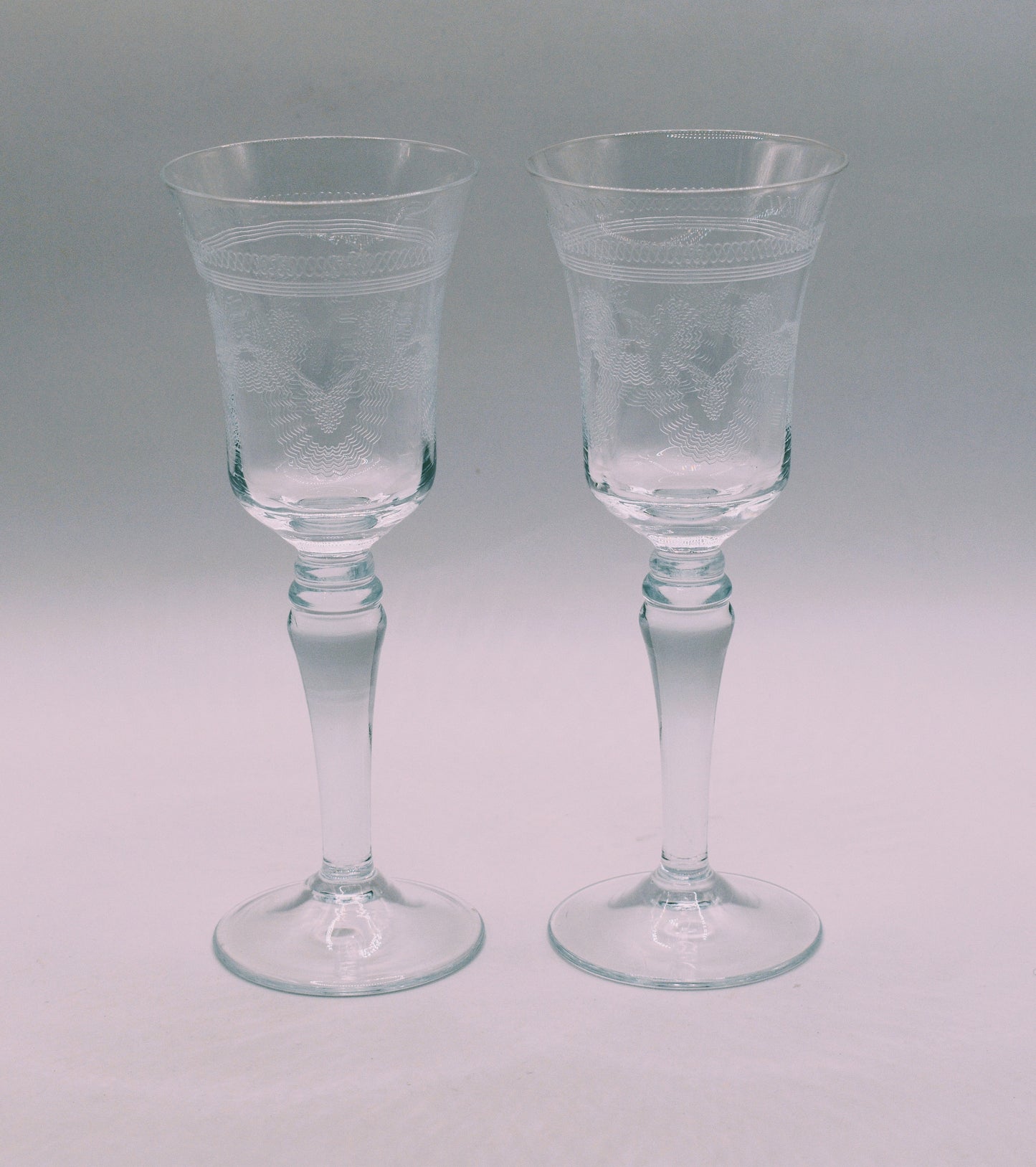 Vintage needle etched crystal Sherry/Port Glasses. Set of 2