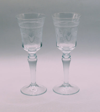 Vintage needle etched crystal Sherry/Port Glasses. Set of 2