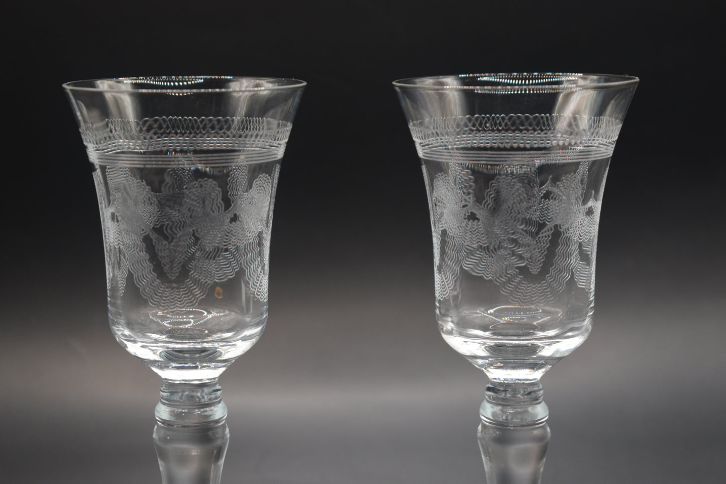 Vintage needle etched crystal Sherry/Port Glasses. Set of 2