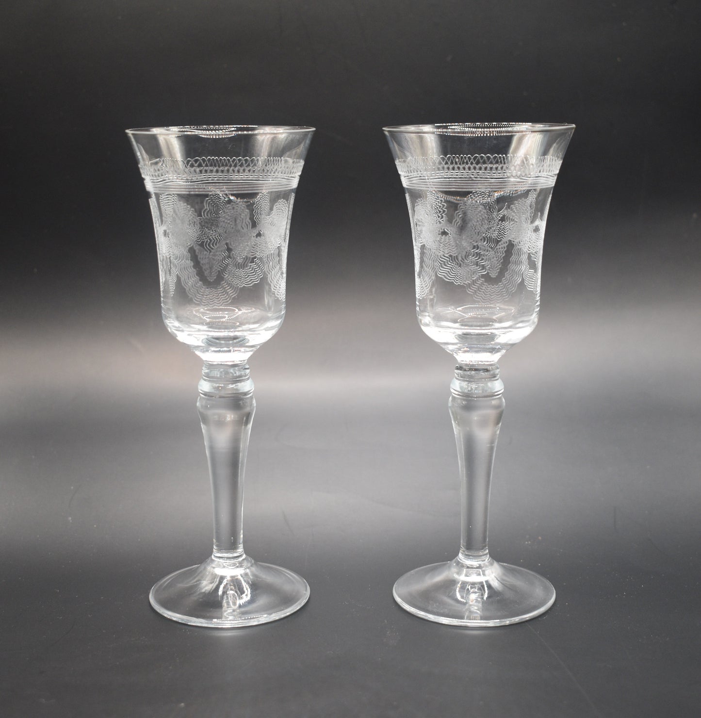 Vintage needle etched crystal Sherry/Port Glasses. Set of 2