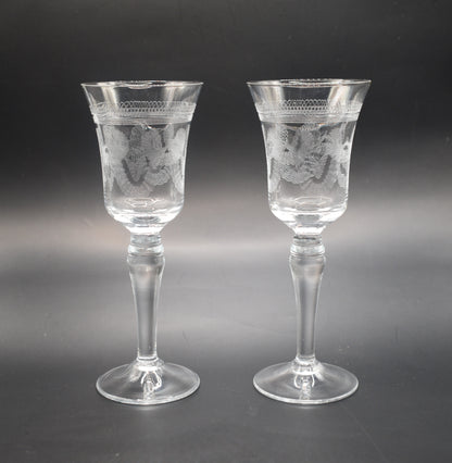Vintage needle etched crystal Sherry/Port Glasses. Set of 2