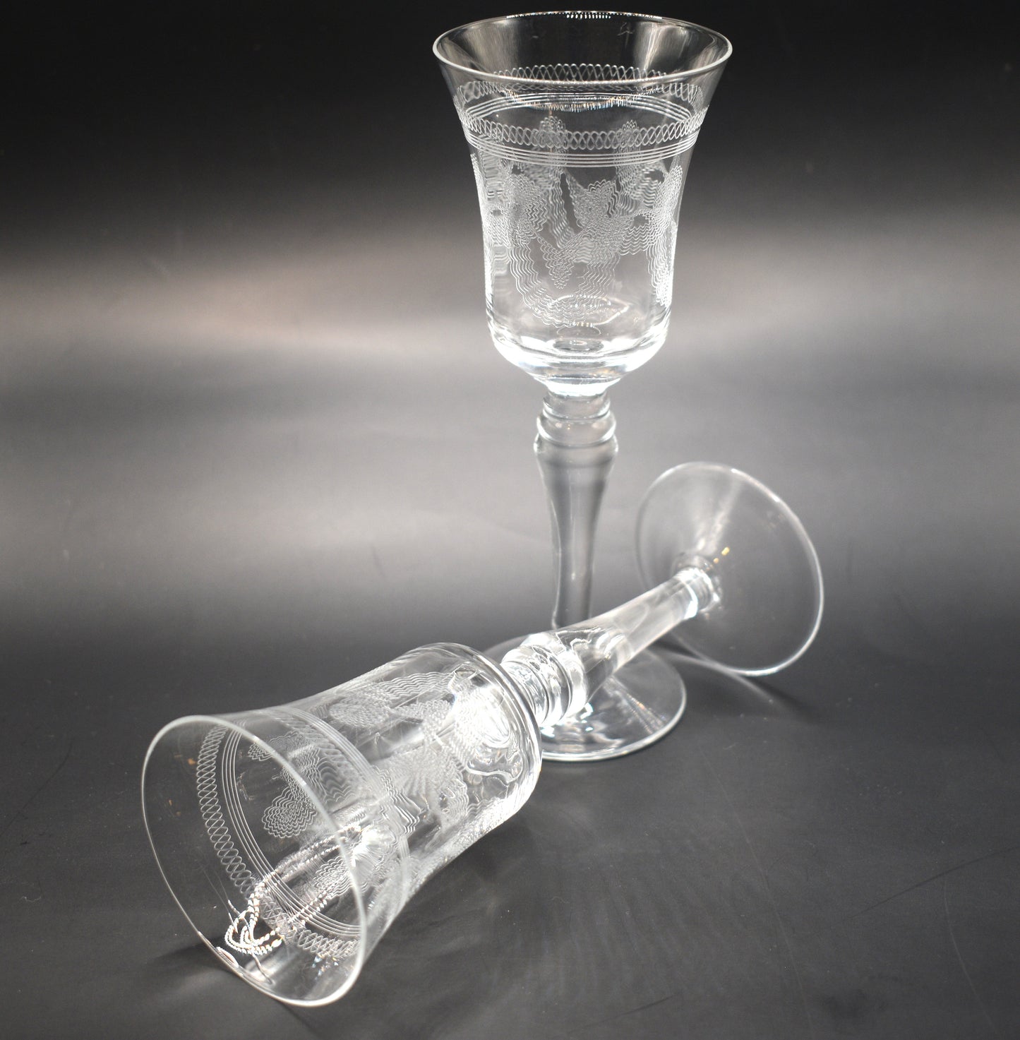 Vintage needle etched crystal Sherry/Port Glasses. Set of 2