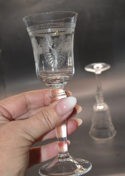 Vintage needle etched crystal Sherry/Port Glasses. Set of 2