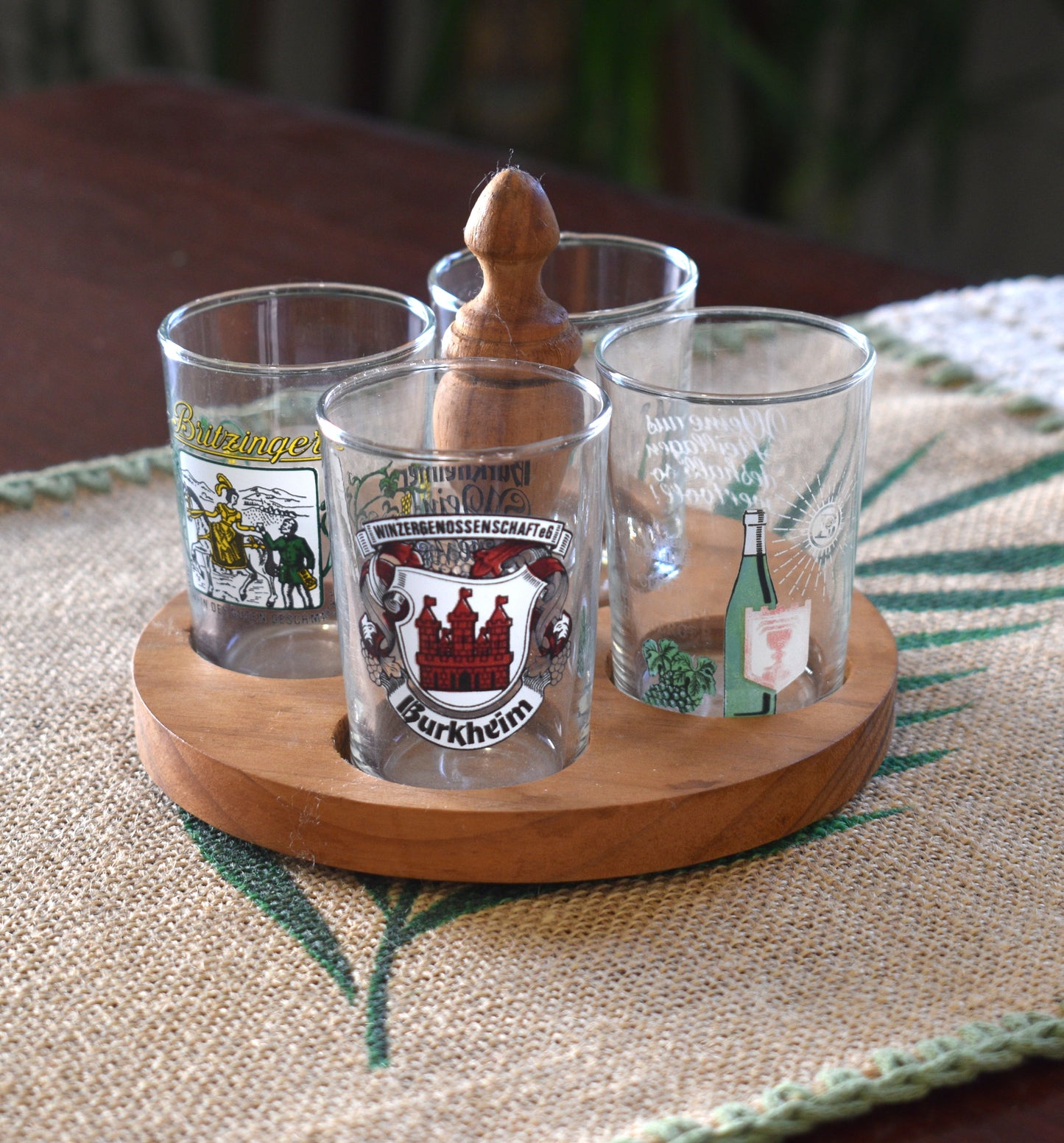 Vintage set of German Wine Tasting Glasses on wooden tray.
