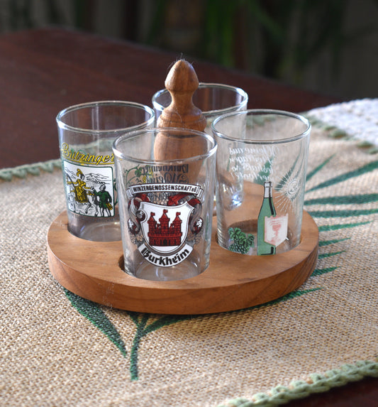 Vintage set of German Wine Tasting Glasses on wooden tray.