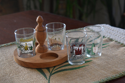 Vintage set of German Wine Tasting Glasses on wooden tray.