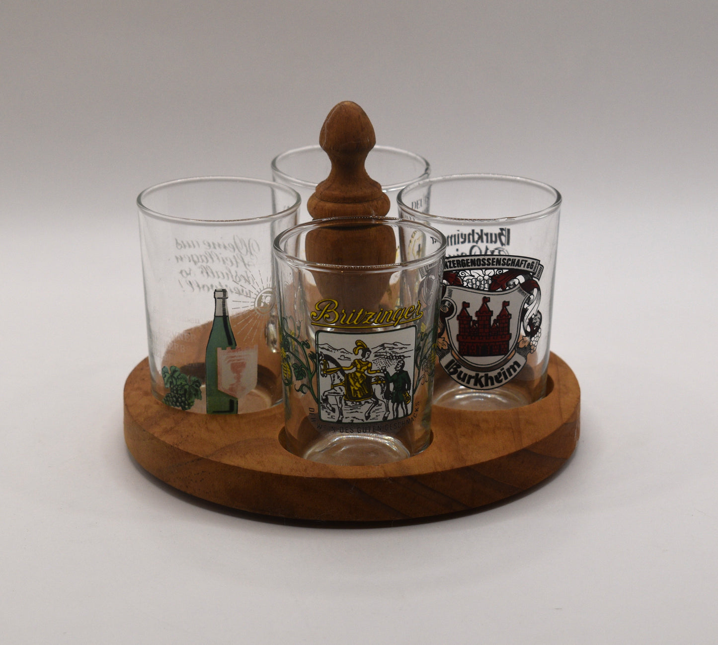Vintage set of German Wine Tasting Glasses on wooden tray.