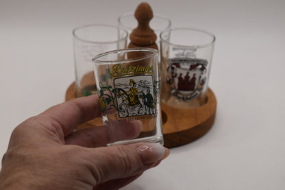 Vintage set of German Wine Tasting Glasses on wooden tray.