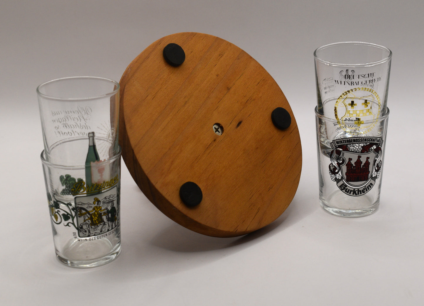 Vintage set of German Wine Tasting Glasses on wooden tray.
