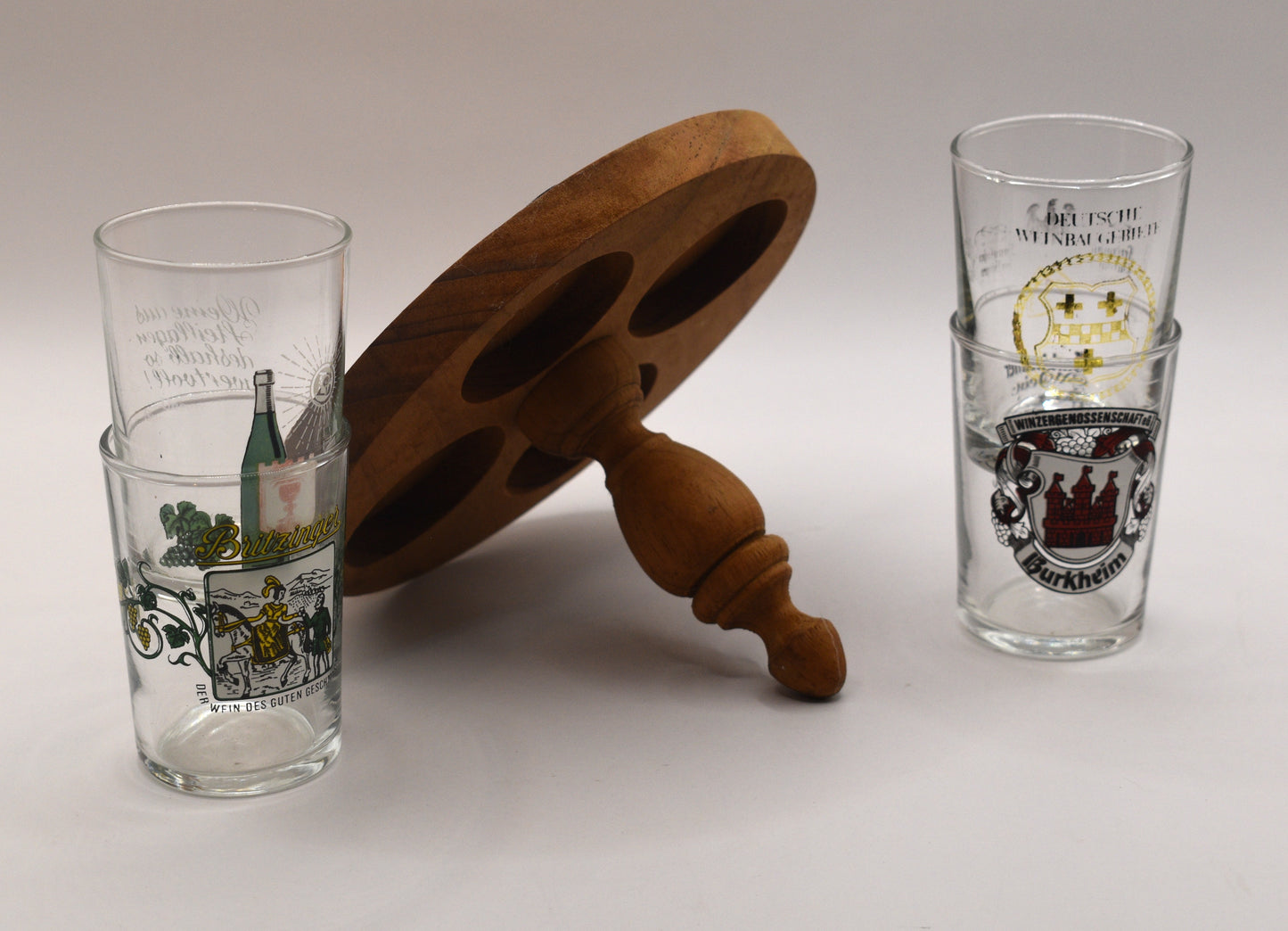 Vintage set of German Wine Tasting Glasses on wooden tray.