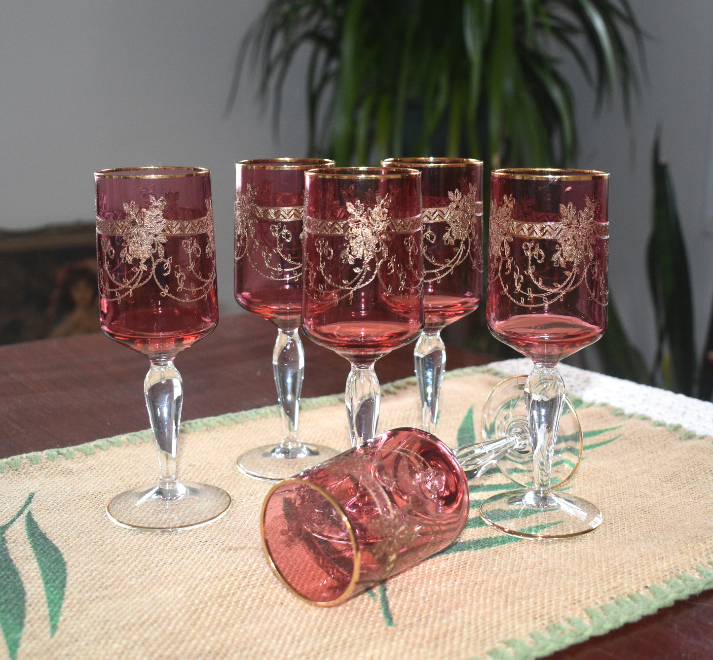 Antique Moser Bohemian cranberry glass cordial or wine glasses. Set of 6