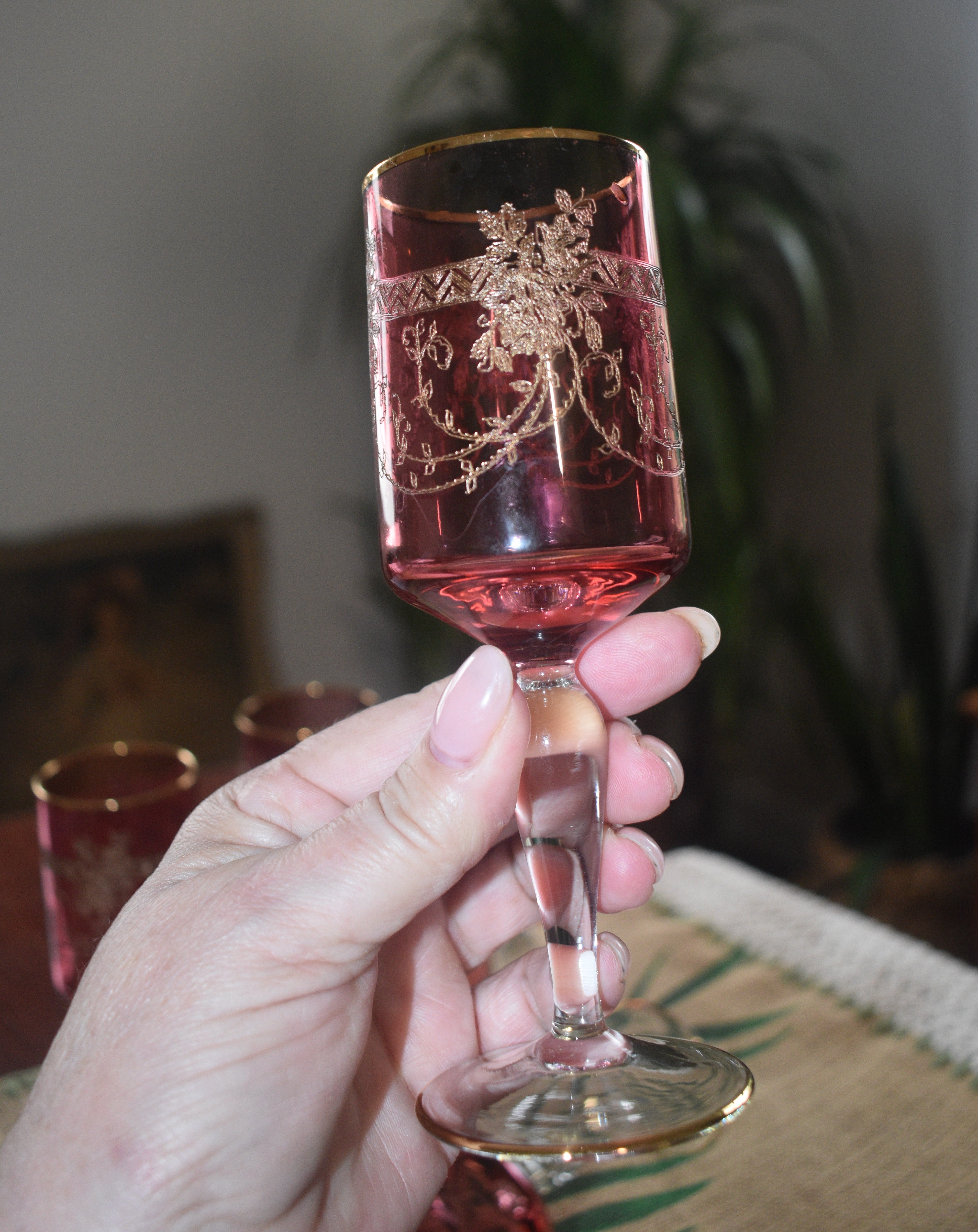 Antique Moser Bohemian Cranberry Ruby Wine Glasses Needle Etched