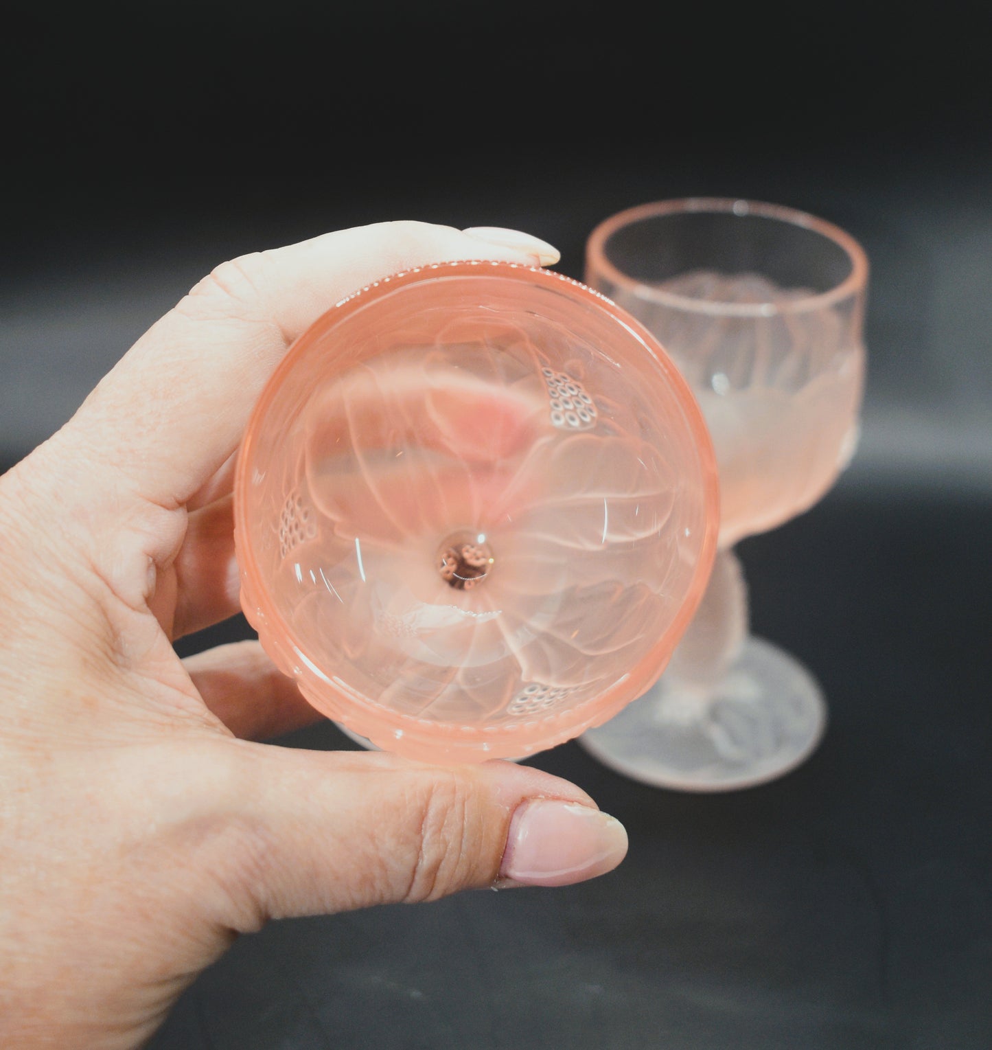 Vintage 1970s Taitu of Italy frosted pink floaral pattern Wine glasses. Set of 2