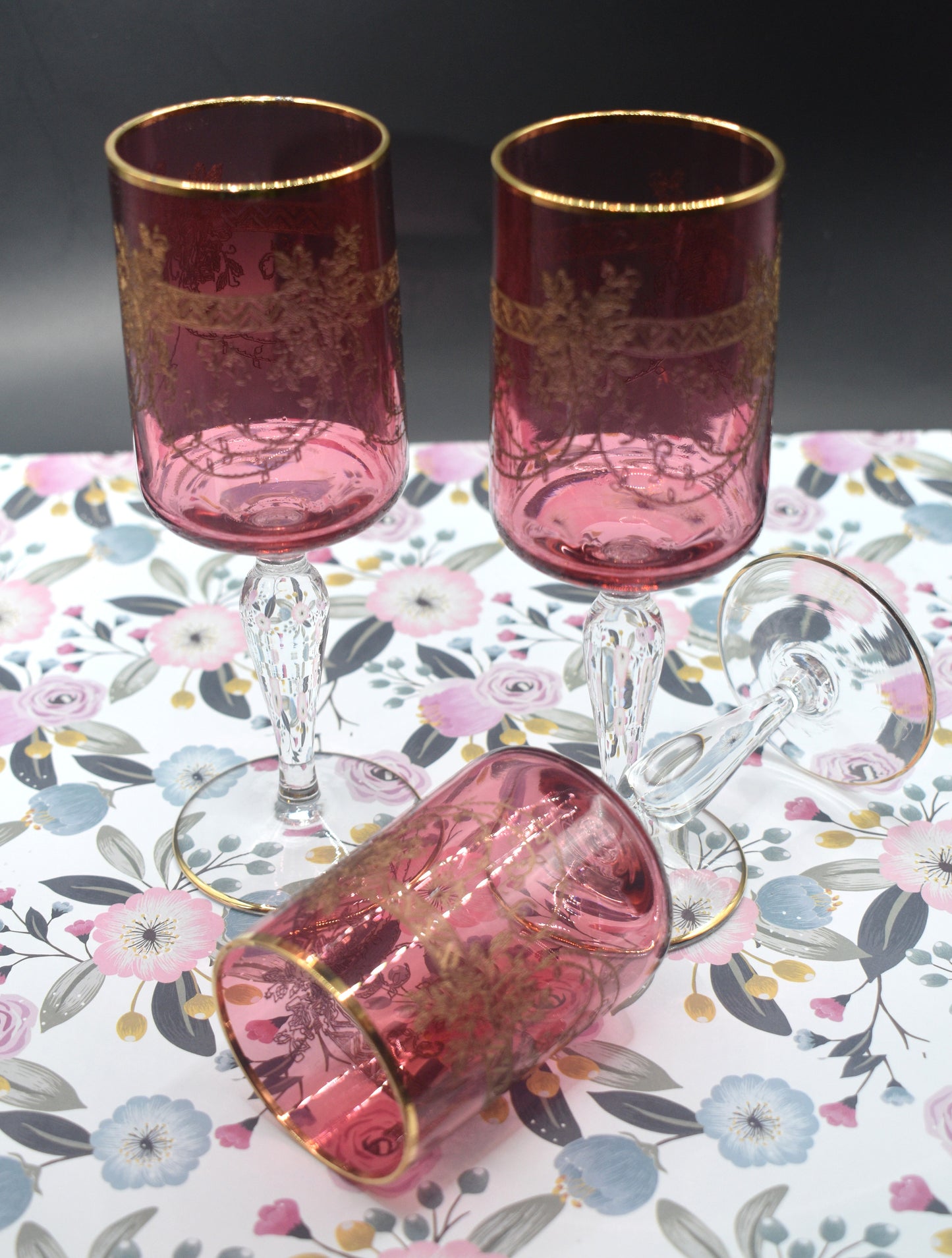 Antique Moser Bohemian cranberry glass cordial or wine glasses. Set of 6