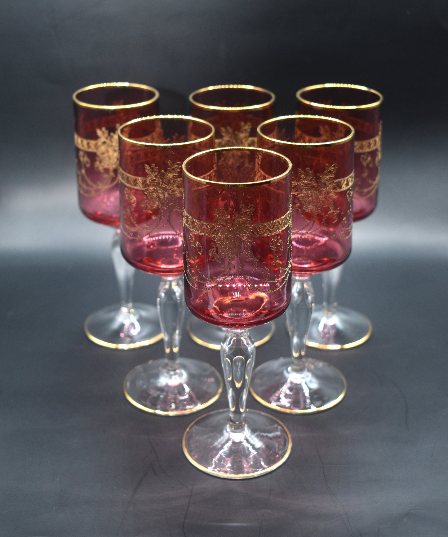Antique Moser Bohemian cranberry glass cordial or wine glasses. Set of 6