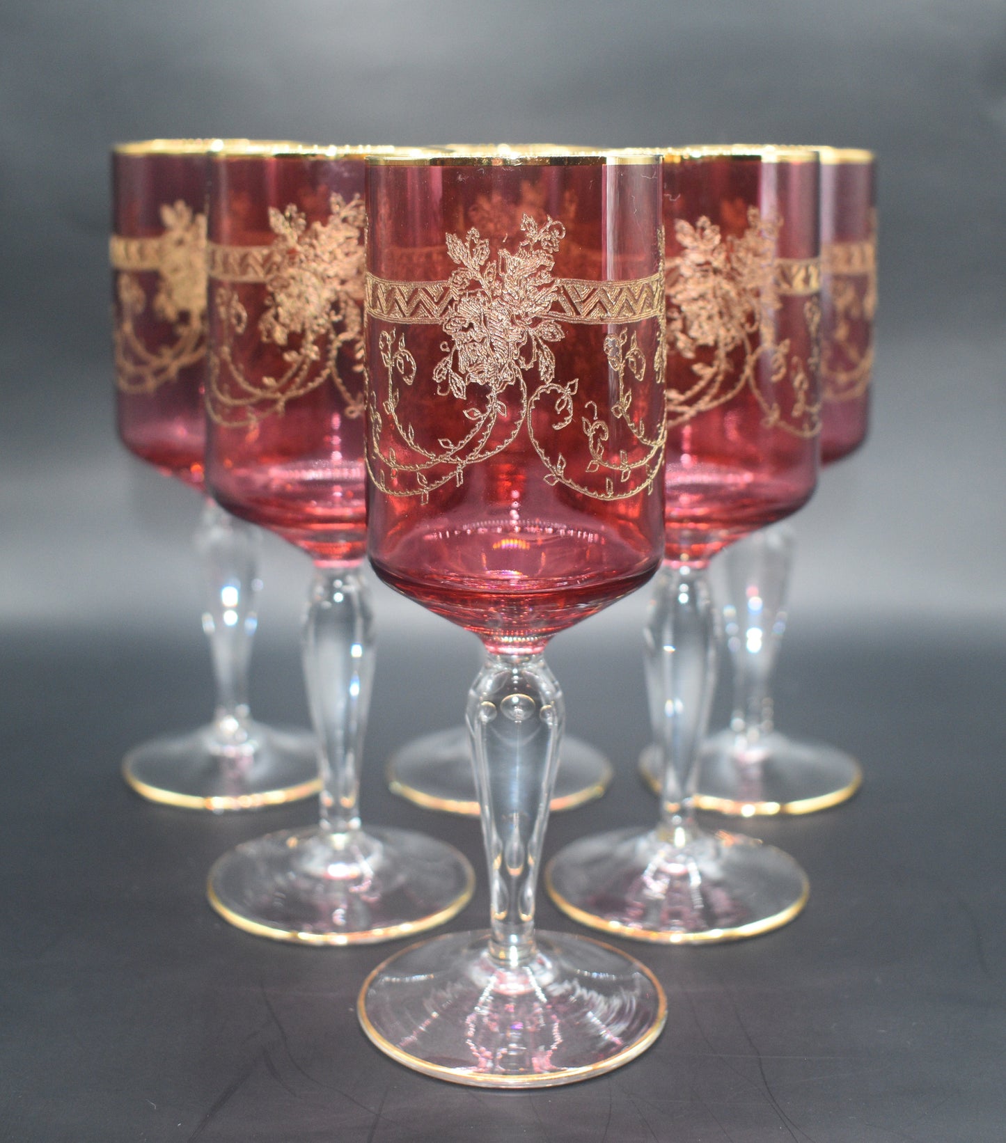Antique Moser Bohemian cranberry glass cordial or wine glasses. Set of 6