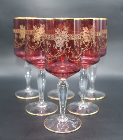 Antique Moser Bohemian cranberry glass cordial or wine glasses. Set of 6