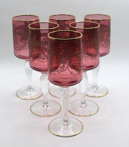 Antique Moser Bohemian cranberry glass cordial or wine glasses. Set of 6