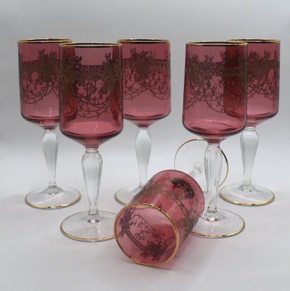 Antique Moser Bohemian cranberry glass cordial or wine glasses. Set of 6