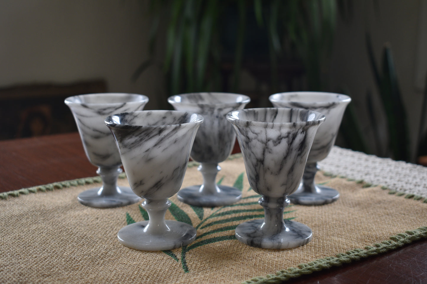 Marbled Onyx Cordial glasses. 1960's barware. Set of 5