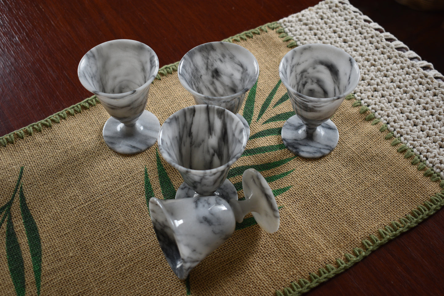 Marbled Onyx Cordial glasses. 1960's barware. Set of 5