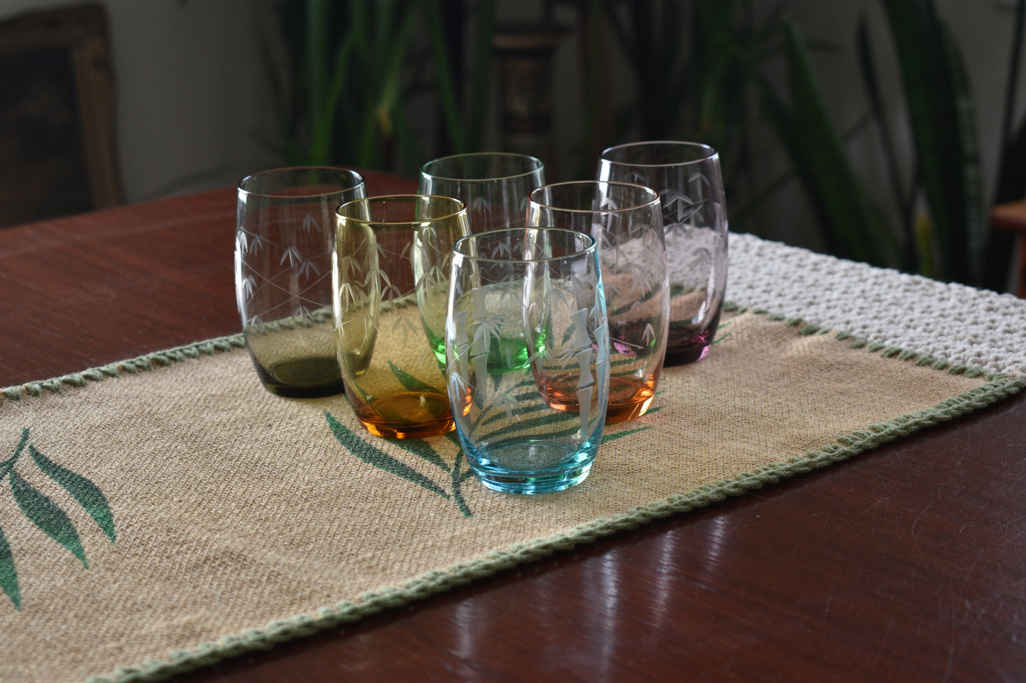 Crown Crystal Australia. Harlequin Bamboo Etched tumblers. Set of 6