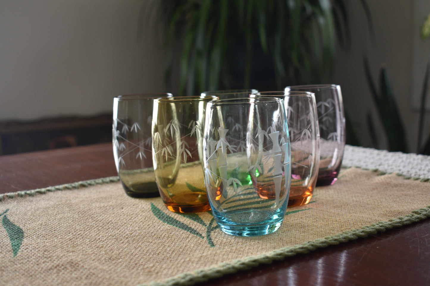 Crown Crystal Australia. Harlequin Bamboo Etched tumblers. Set of 6