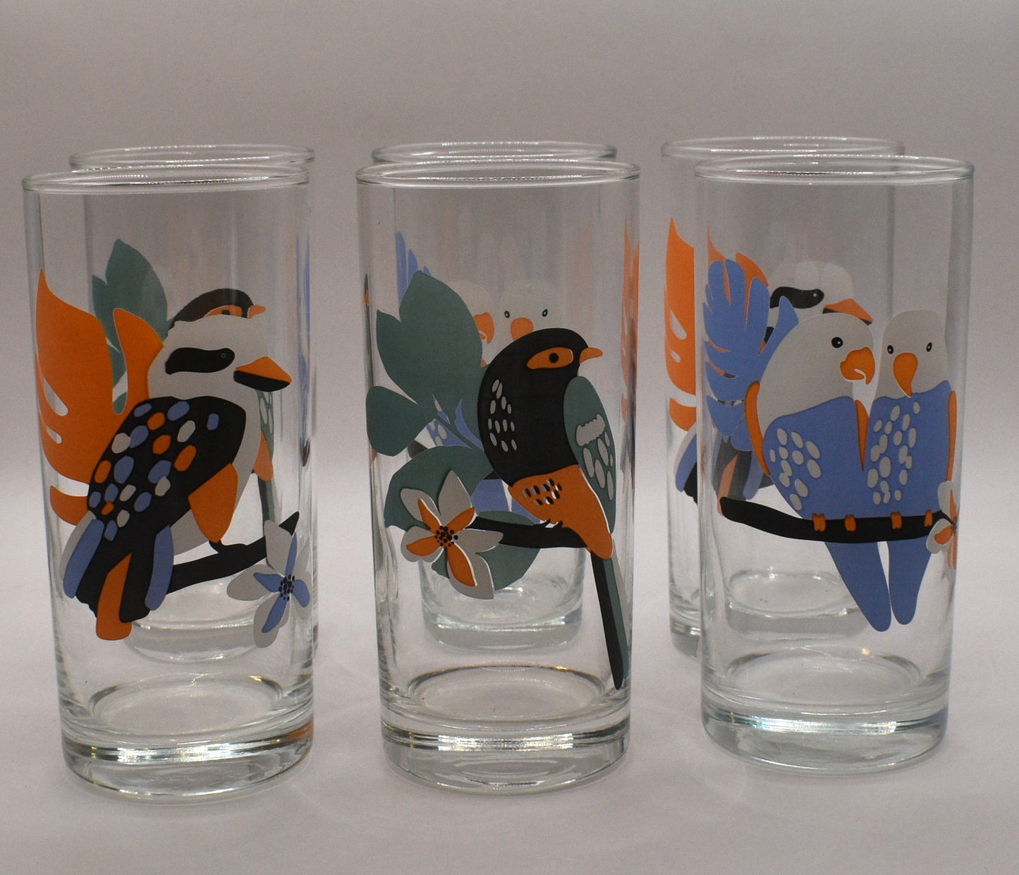 Vintage ARC France "Birds of Australia" Tumblers / Highball Glasses. Set of 6