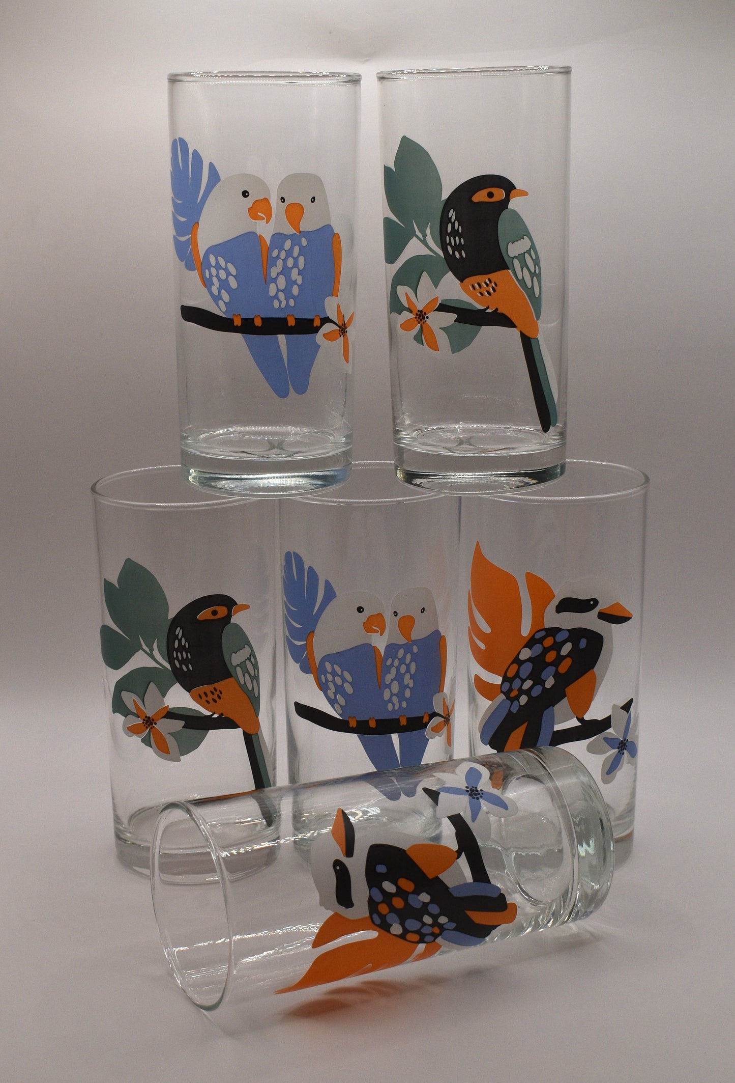 Vintage ARC France "Birds of Australia" Tumblers / Highball Glasses. Set of 6