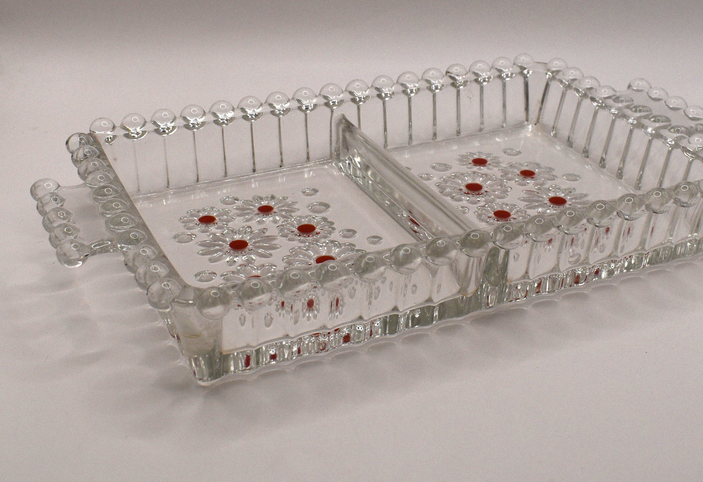 Vintage Walter Glas. Divided Serving Dish – Red Accent Pressed Glass