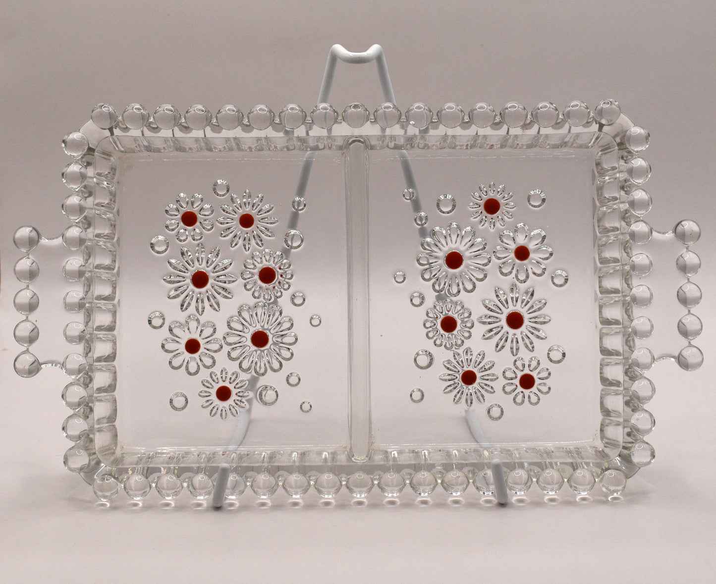 Vintage Walter Glas. Divided Serving Dish – Red Accent Pressed Glass