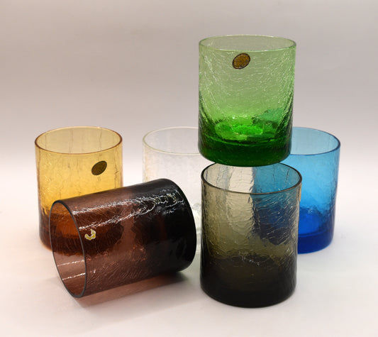 Vintage Hand-Blown Crackle Glass Lowball Tumblers – Assorted Colours (Set of 6) – Made in Poland