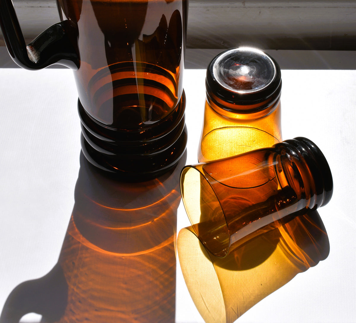 Vintage Mid-Century Polish Amber Glass Cocktail set - Pitcher & 6 Tumbers